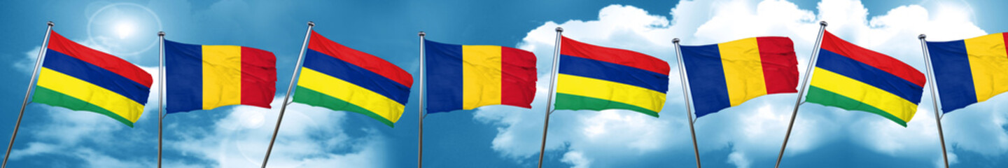 Mauritius flag with Romania flag, 3D rendering