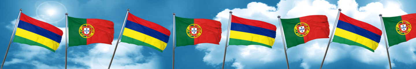 Mauritius flag with Portugal flag, 3D rendering