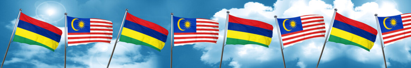 Mauritius flag with Malaysia flag, 3D rendering