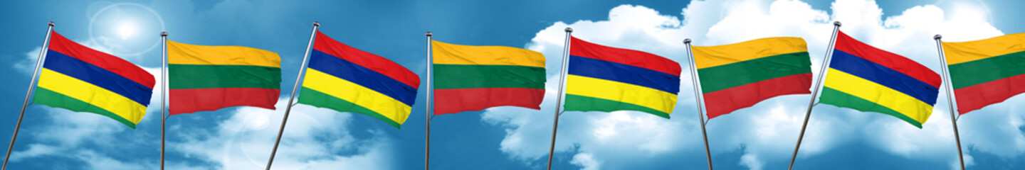 Mauritius flag with Lithuania flag, 3D rendering