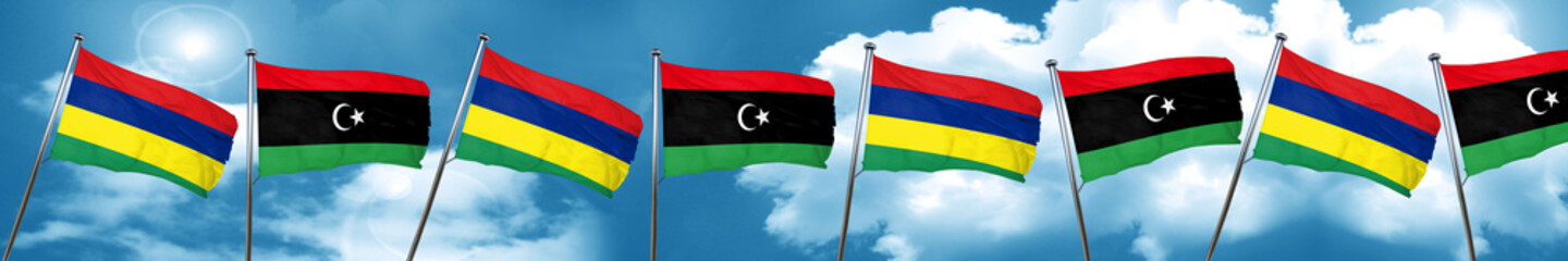 Mauritius flag with Libya flag, 3D rendering