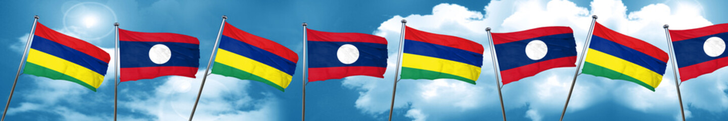 Mauritius flag with Laos flag, 3D rendering