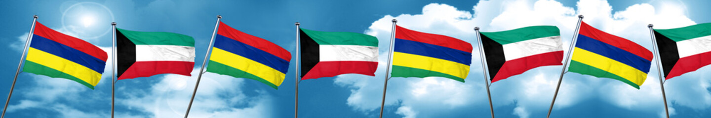 Mauritius flag with Kuwait flag, 3D rendering