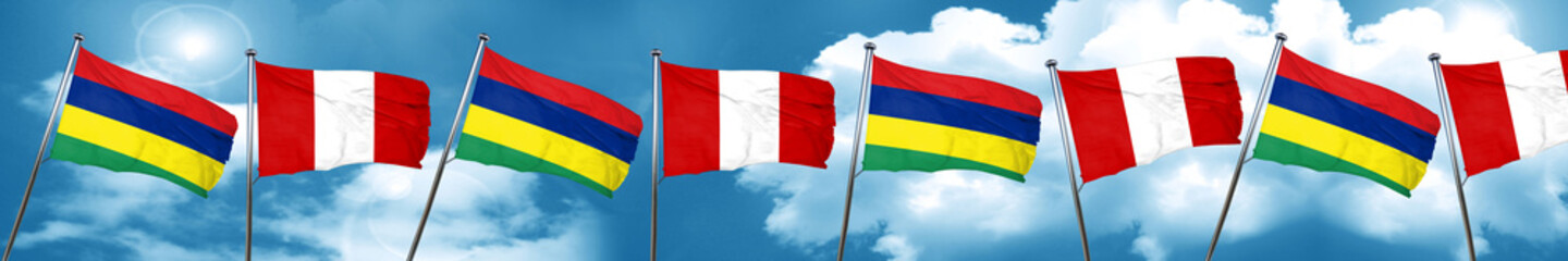 Mauritius flag with Peru flag, 3D rendering
