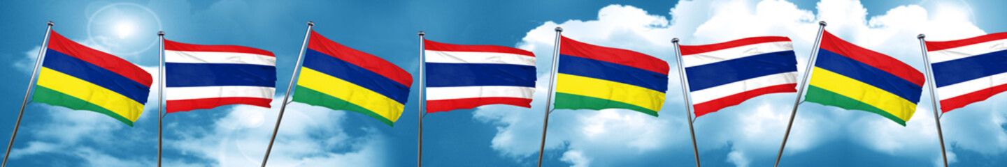 Mauritius flag with Thailand flag, 3D rendering