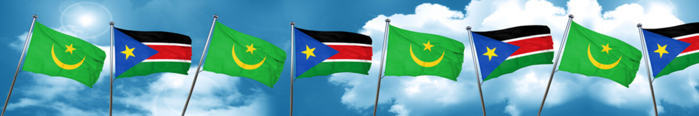 Mauritania flag with South Sudan flag, 3D rendering