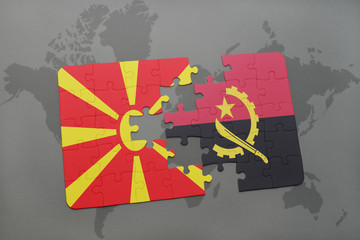puzzle with the national flag of macedonia and angola on a world map