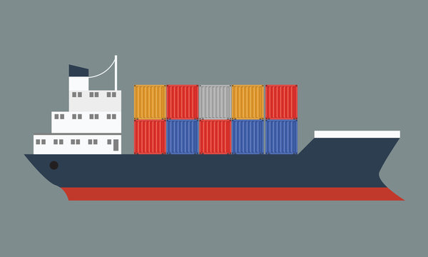 Beautiful container ship with international cargo. Vector illustrated icon with solid and flat color style design.