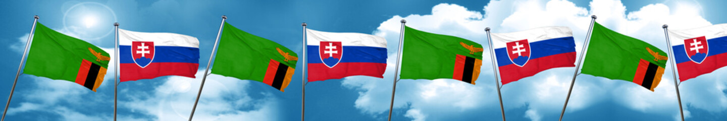 Zambia flag with Slovakia flag, 3D rendering