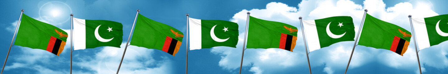 Zambia flag with Pakistan flag, 3D rendering