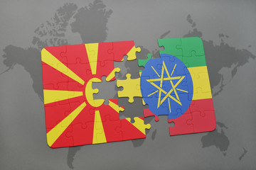 puzzle with the national flag of macedonia and ethiopia on a world map