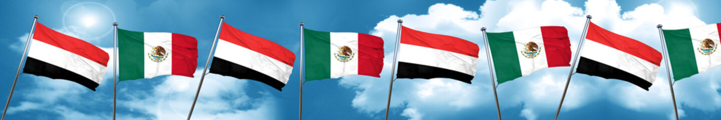 Fototapeta na wymiar Yemen flag with Mexico flag, 3D rendering