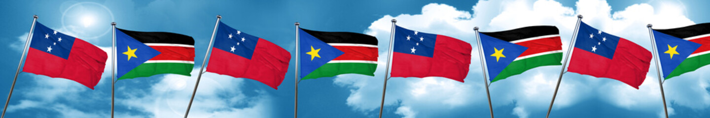 Fototapeta na wymiar Samoa flag with South Sudan flag, 3D rendering