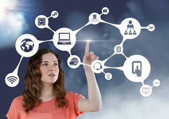 Smiling woman touching application icon