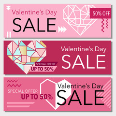Sale banner with discount offer for Happy Valentine's Day celebration. Vector illustration