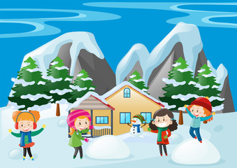 Obraz na płótnie Canvas Children playing in snow at home