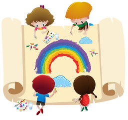 Four kids coloring rainbow on big paper