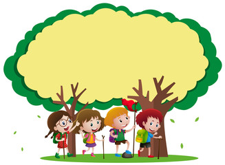 Obraz na płótnie Canvas Border template with kids hiking in the woods