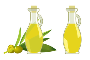 Green olive branch and glass bottle with oil for ads