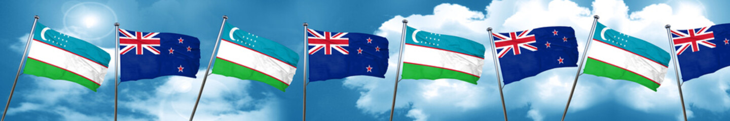 Uzbekistan flag with New Zealand flag, 3D rendering