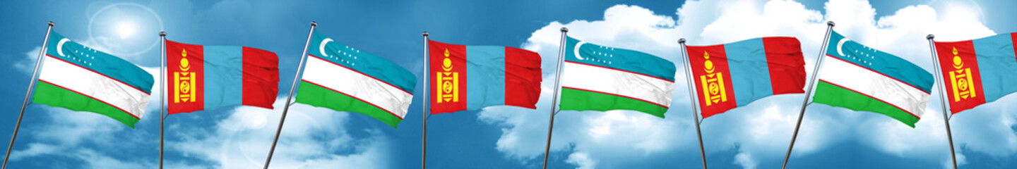 Uzbekistan flag with Mongolia flag, 3D rendering