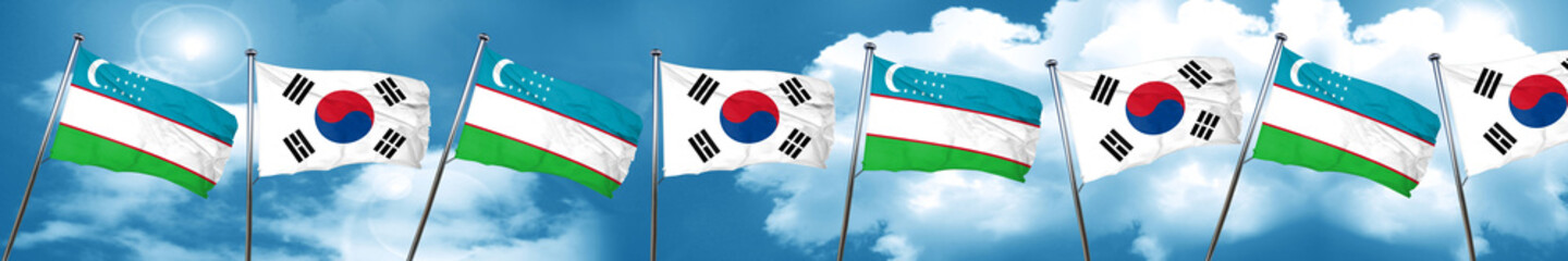 Uzbekistan flag with South Korea flag, 3D rendering