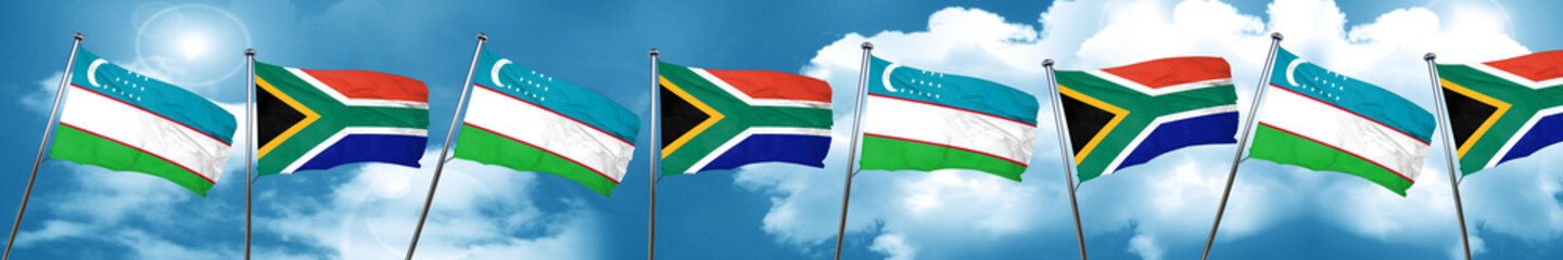 Uzbekistan flag with South Africa flag, 3D rendering