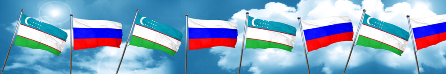 Uzbekistan flag with Russia flag, 3D rendering