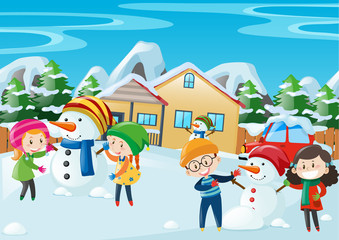 Happy kids playing in winter