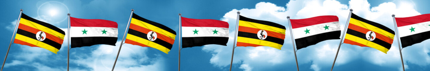 Uganda flag with Syria flag, 3D rendering