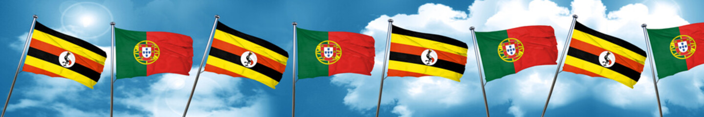 Uganda flag with Portugal flag, 3D rendering