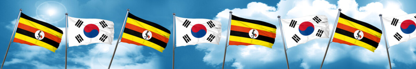 Uganda flag with South Korea flag, 3D rendering
