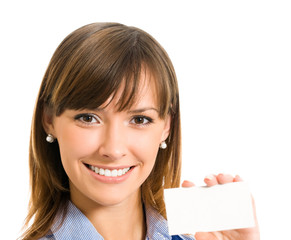 businesswoman with business card, isolated