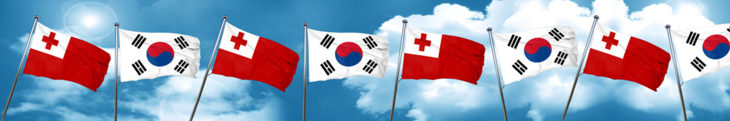Tonga flag with South Korea flag, 3D rendering