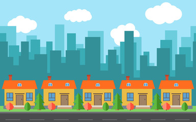 Naklejka premium Vector city with cartoon houses and buildings. City space with road on flat style background concept. Summer urban landscape. Street view with cityscape on a background 