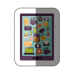 color sticker with tablet with screen icons vector illustration