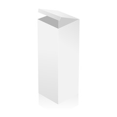 White cardboard box with open cover isolated. Cosmetic or pharmaceutical mockup box for design. Vector illustration. 