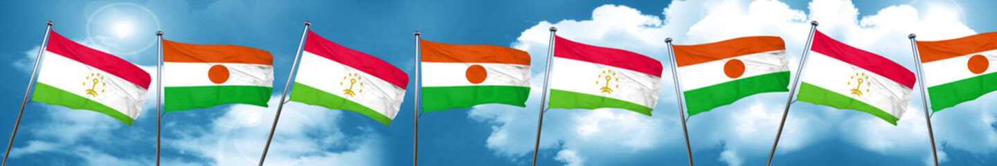 Tajikistan flag with Niger flag, 3D rendering