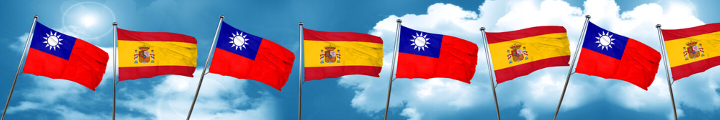 Taiwan flag with Spain flag, 3D rendering