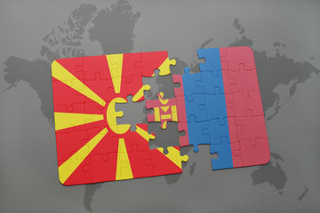puzzle with the national flag of macedonia and mongolia on a world map