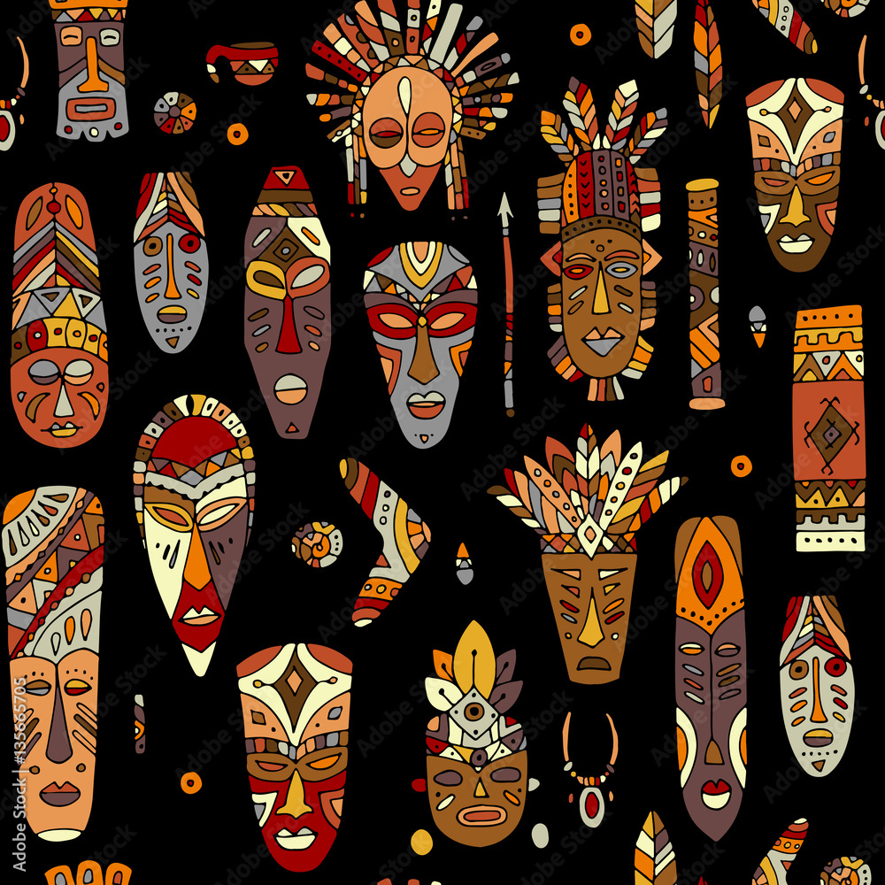 Wall mural tribal mask ethnic, seamless pattern, sketch for your design