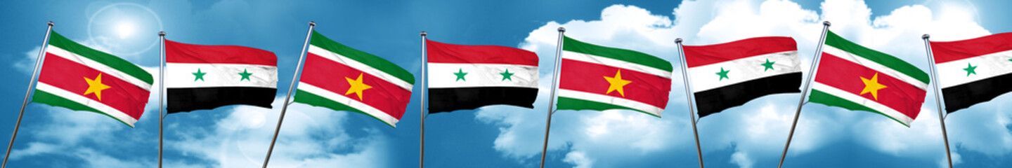 Suriname flag with Syria flag, 3D rendering
