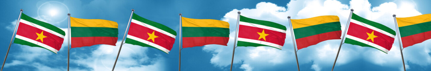 Fototapeta na wymiar Suriname flag with Lithuania flag, 3D rendering