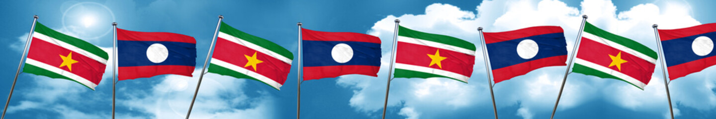 Suriname flag with Laos flag, 3D rendering