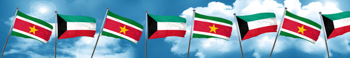 Suriname flag with Kuwait flag, 3D rendering