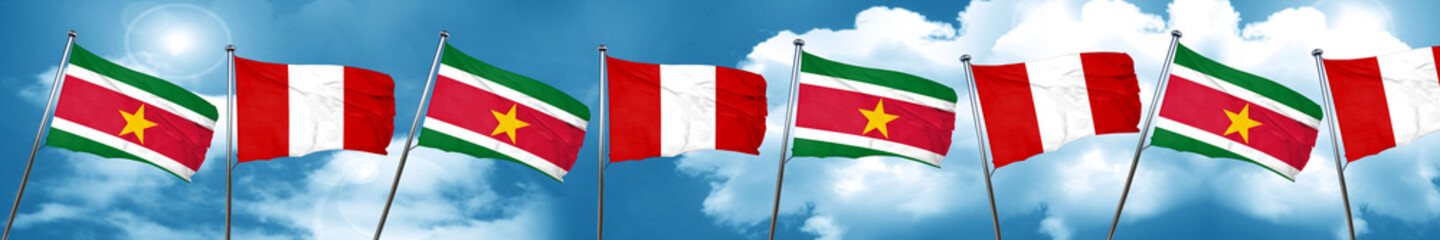 Suriname flag with Peru flag, 3D rendering