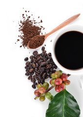 Coffee cup and beans on a white background