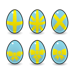 Blue and Yellow Easter Eggs Decorated with Bows & Ribbons