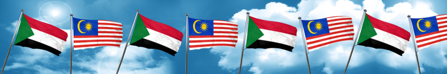 Sudan flag with Malaysia flag, 3D rendering