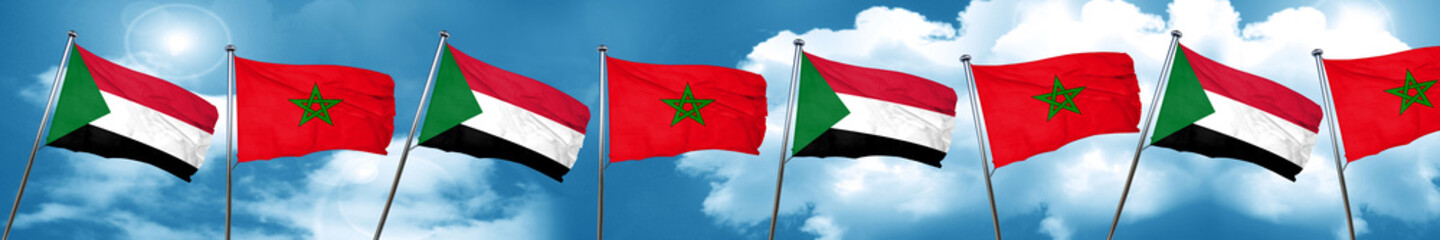 Sudan flag with Morocco flag, 3D rendering